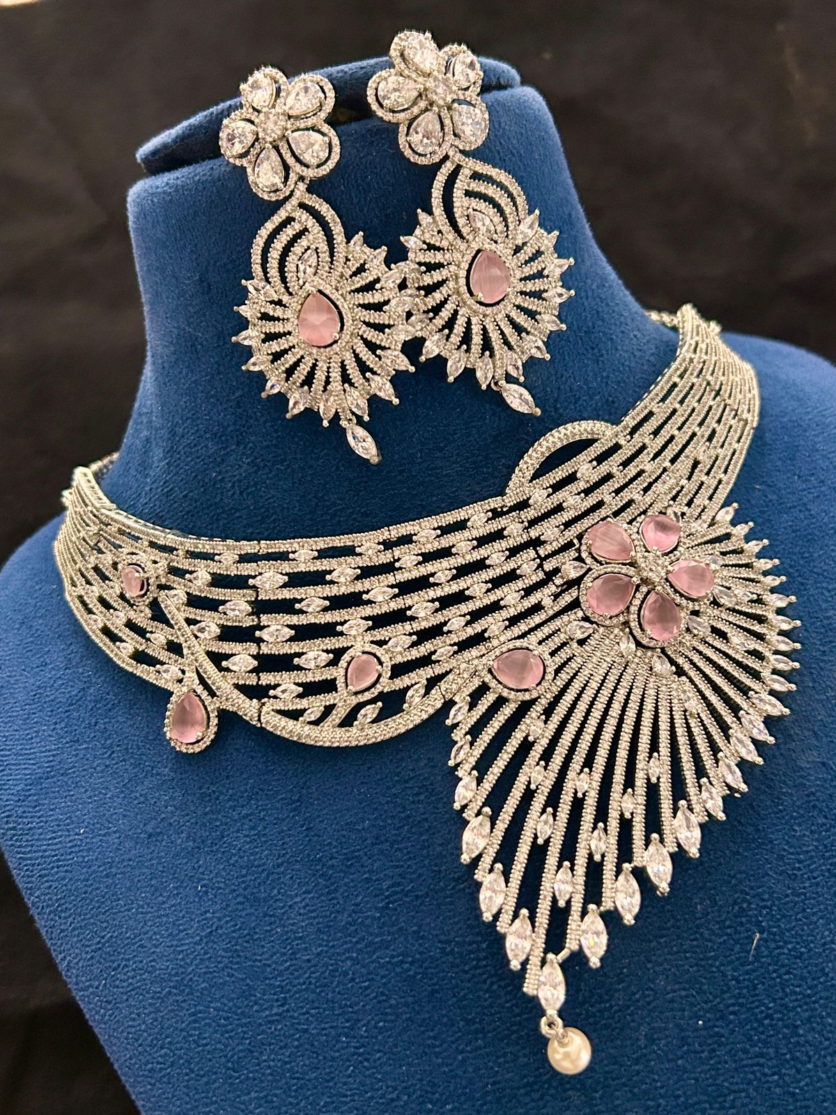 Elegant Pink Stone Diamond Choker Necklace Set with Earrings